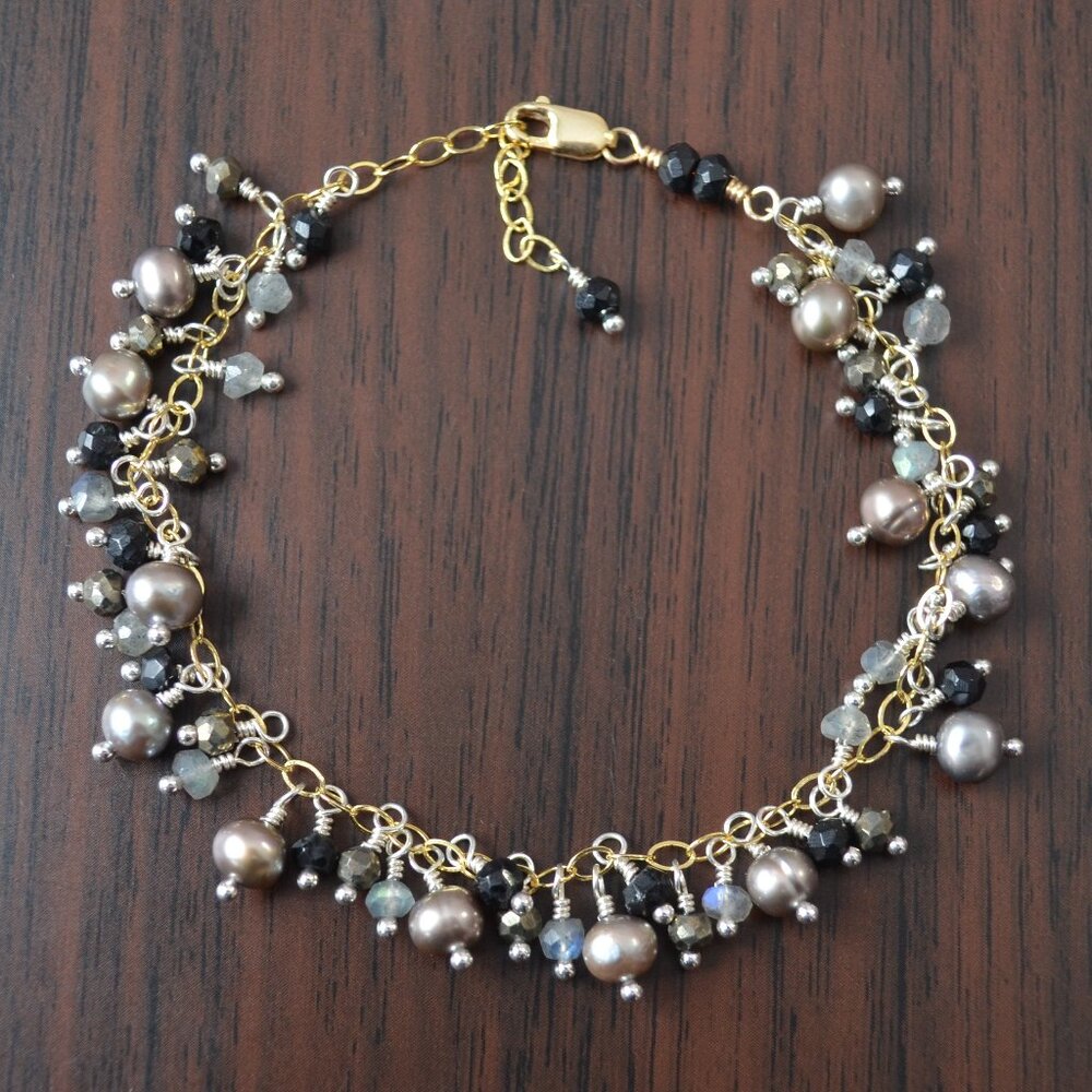 Peacock Pearl and Labradorite Cluster Bracelet in Gold and Silver